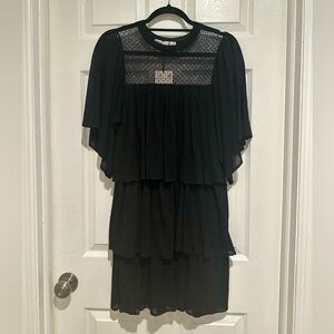 NWT Zara Black Sheer Tiered Ruffle Dress Cape Sleeve Size M